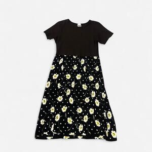 Vintage 90s Daisy Print Midi Dress Black Floral Babydoll